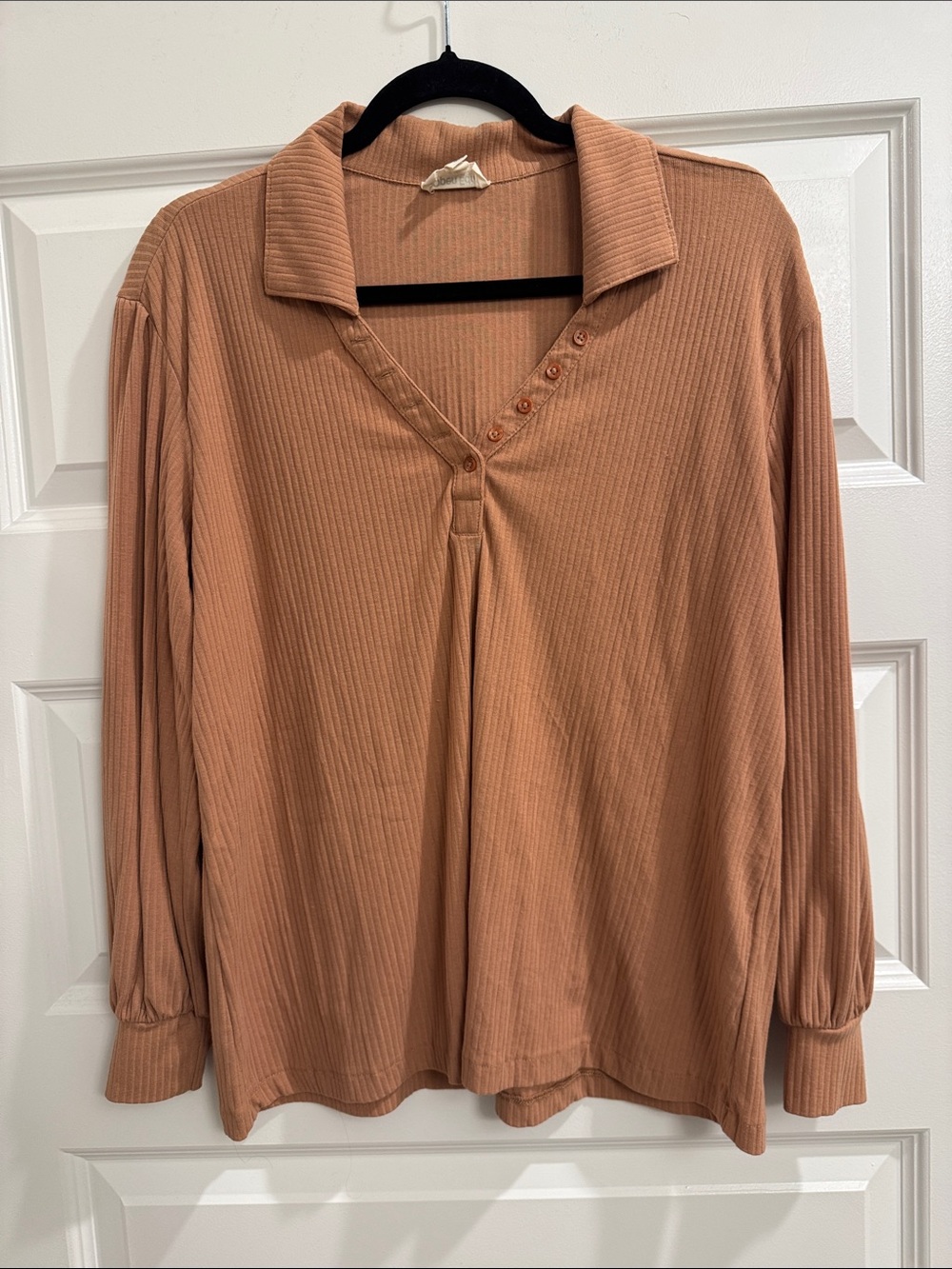 Open Edit | Ribbed V-Neck Long Sleeve Top in Dusty Peach